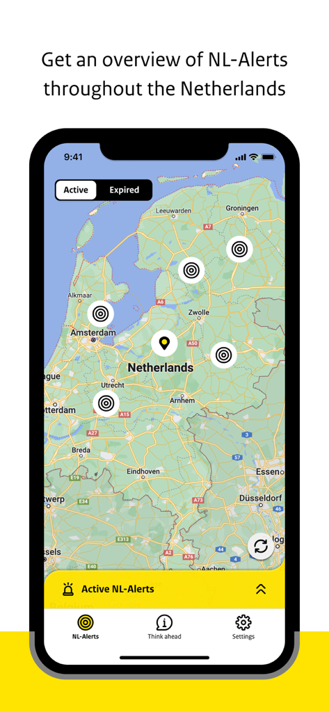 Mobile App-Oberfläche, die eine Karte der Niederlande mit mehreren aktiven Notfallwarnsymbolen anzeigt.
