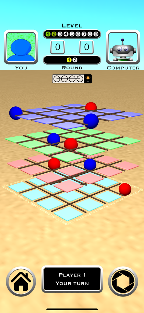 Tic Tac Toe 3D Board Game - Ein 3D-Tic-Tac-Toe-Gameplaybildschirm, der drei gestapelte Gitterebenen mit roten und blauen Kugeln zeigt