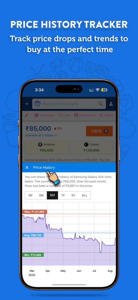 Smartprix app screen displaying a 6-month price history graph and price trends for a smartphone.