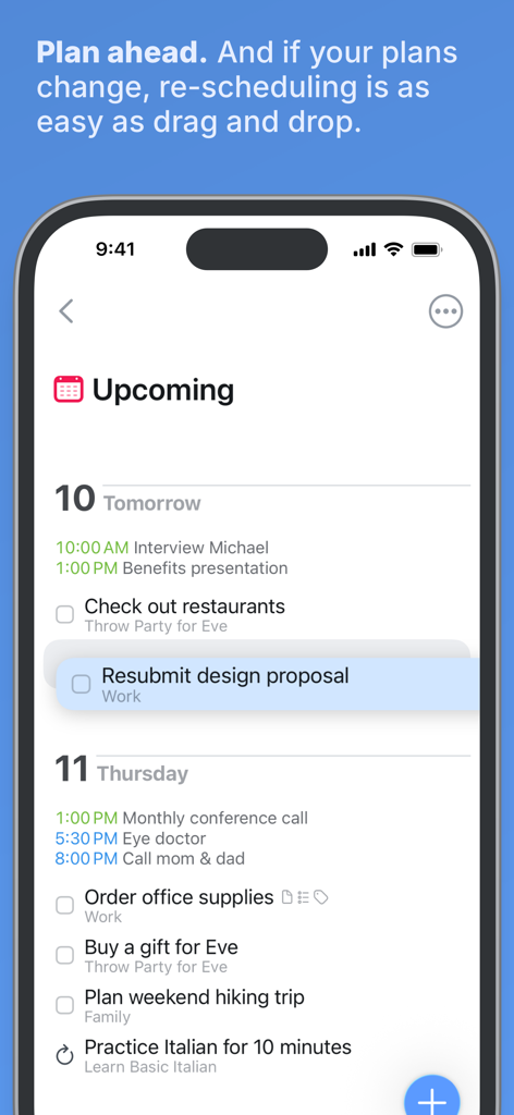 Things 3 - Captura de pantalla de la aplicación Things 3 que muestra la lista de tareas pendientes y la función de reprogramación con arrastrar y soltar.