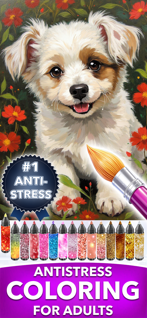 Libro de Colorear AntiEstres para Adultos con una linda ilustración de un cachorro y paletas de colores brillantes para aliviar el estrés