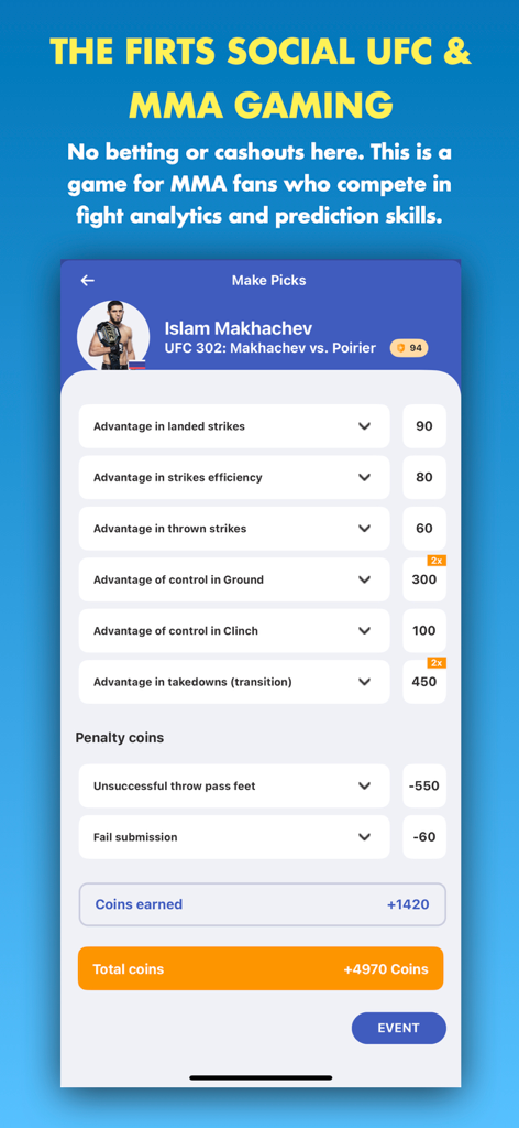 Stats Fight: Analysts League - Mobile app screen showing MMA fight predictions and technical performance analytics for virtual coins