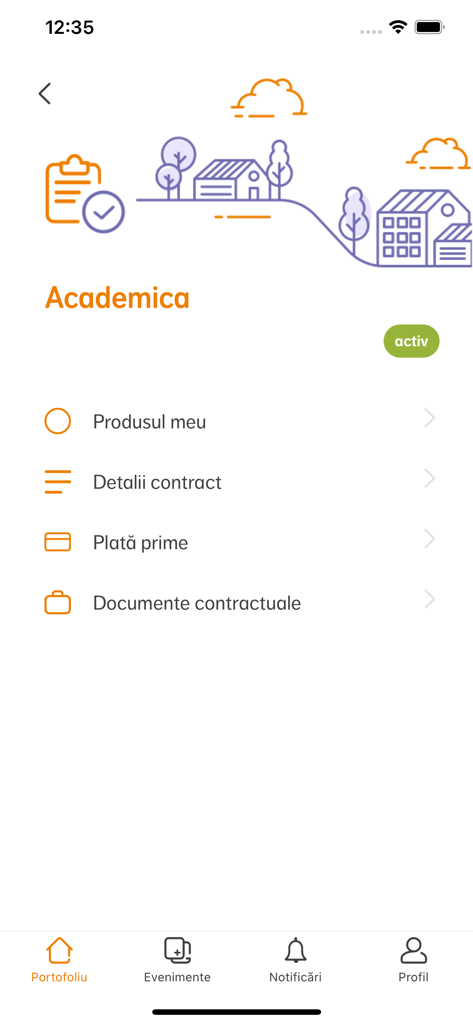 NN Direct - NN Directモバイルアプリのインターフェース、アクティブなAcademica保険契約の詳細と支払いオプションを表示