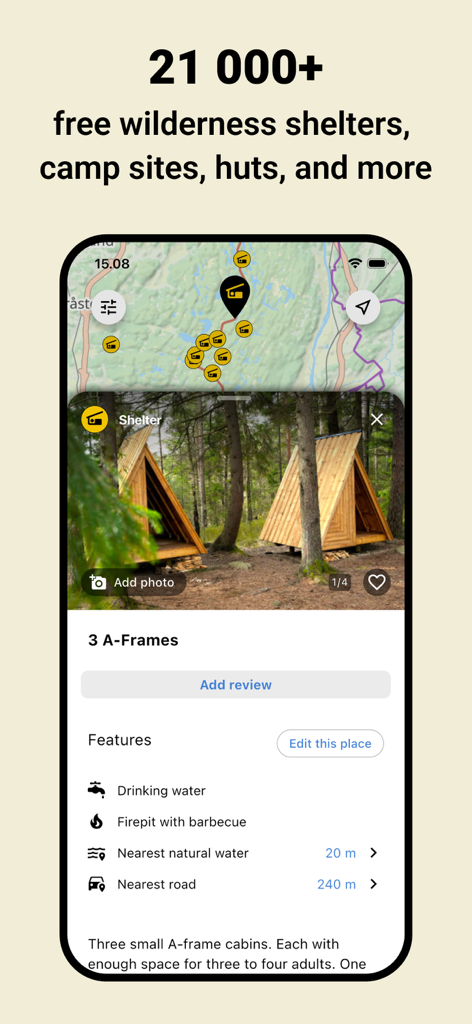 Vildnis - Vildnis app interface showing a map of free wilderness shelters and detailed information for A-frame cabins