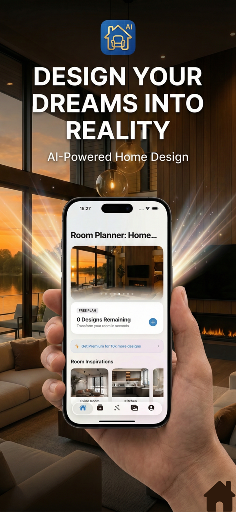 Room Planner AI Home Design - A hand holding a smartphone showing the Room Planner AI home design app interface with interior design inspirations.