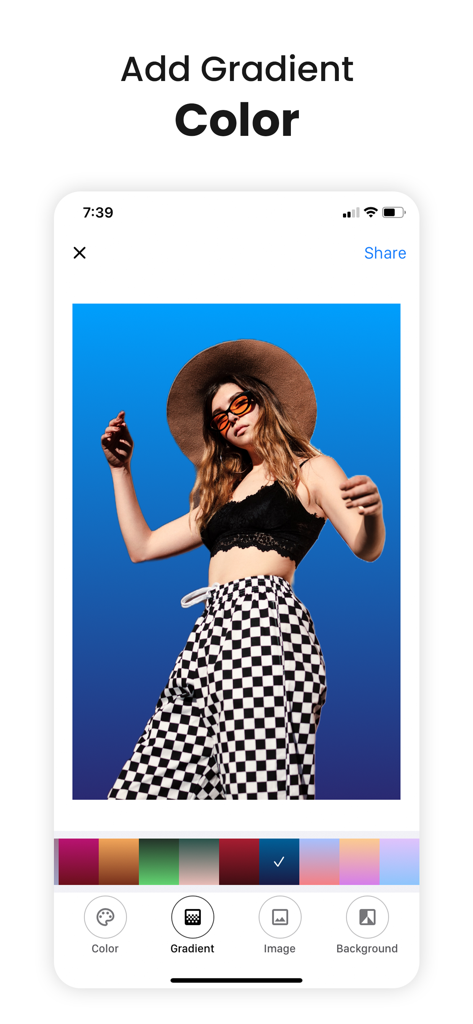Remove & Change Background - A mobile app interface showing a blue gradient background applied to a photo of a woman in checkered pants