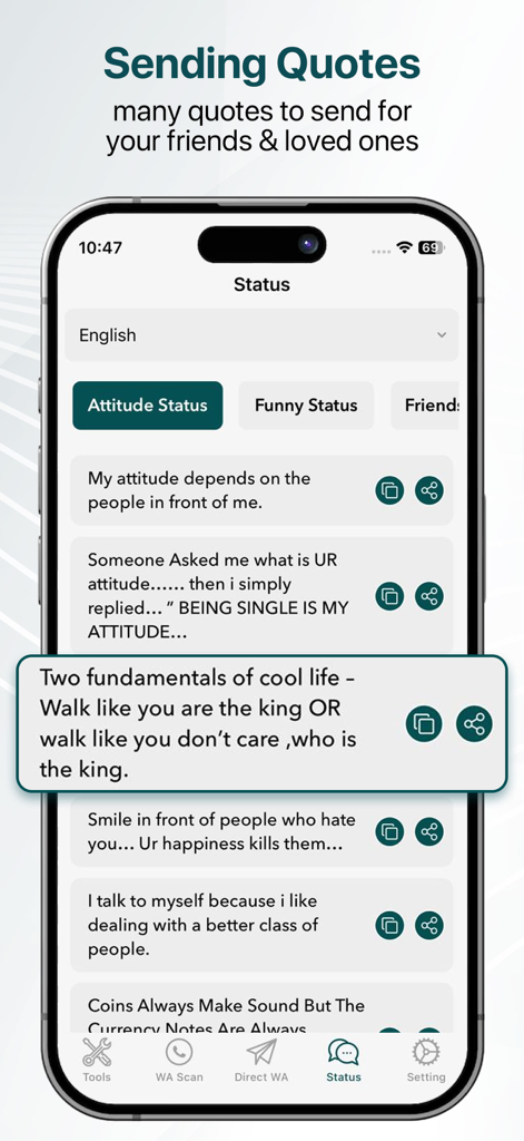 WT Scan Web Messenger - Mobile app screen showing a variety of attitude status quotes for social media with sharing buttons