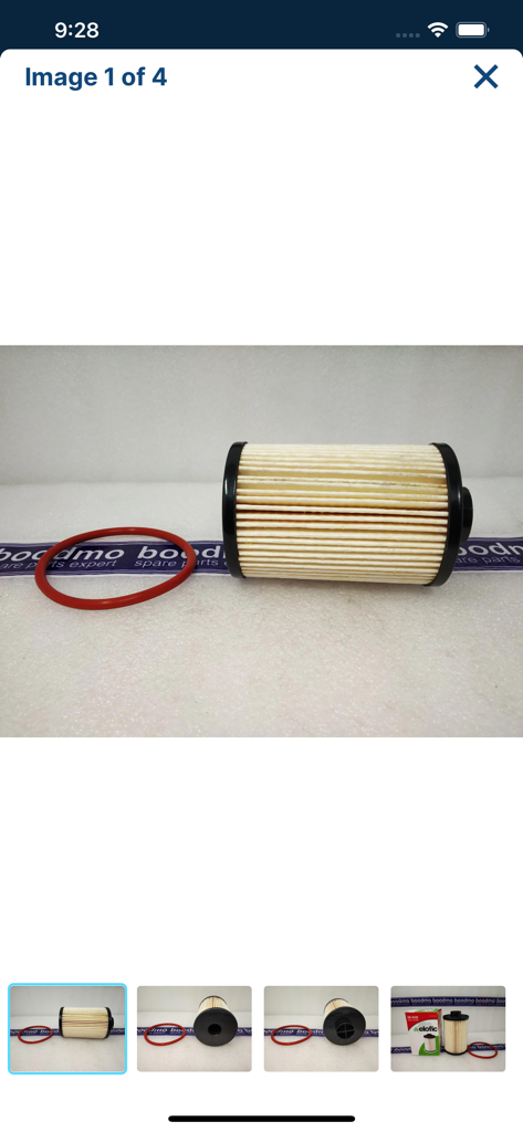 A pleated car oil filter and a red O-ring gasket shown inside the Boodmo spare parts app.