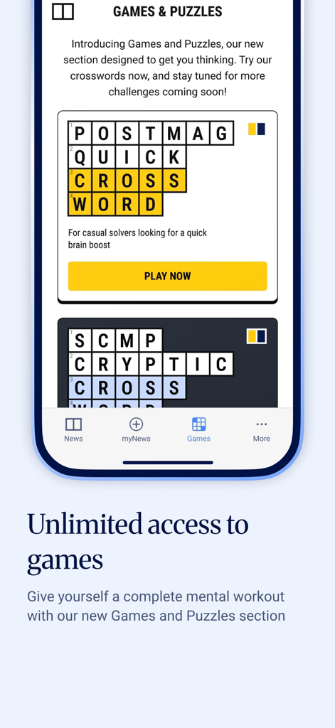 South China Morning Post: News - The South China Morning Post app interface featuring the Games and Puzzles section with crosswords.