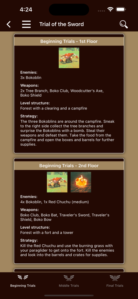 Strategy guide for the Trial of the Sword in the Breath Companion app showing enemy lists and floor strategies