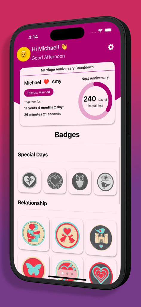 Our Time Together - Our Time Together app interface showing a marriage anniversary countdown and unlocked relationship badges.