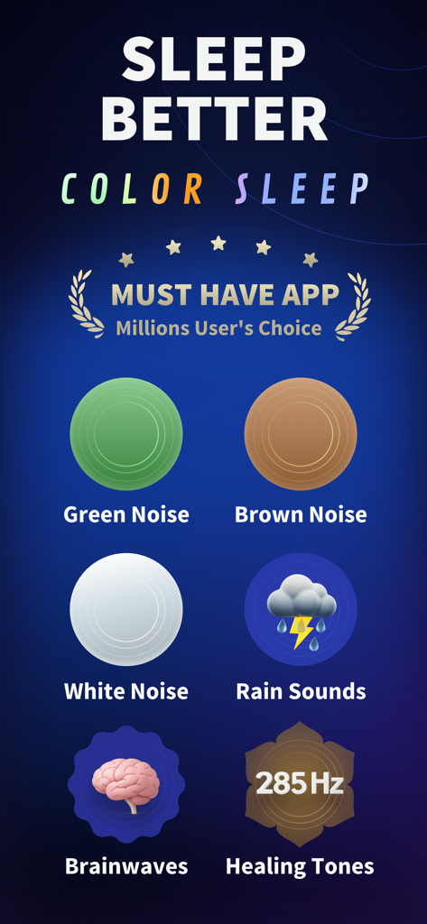 App interface showing sleep sound options including green noise brown noise and healing tones