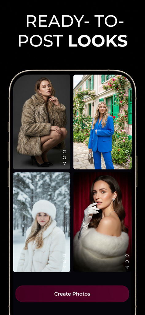 ImaginAI - AI Art & Video - 소셜 미디어를 위한 고품질 AI 생성 패션 사진 4장이 그리드 형식으로 표시된 스마트폰 화면