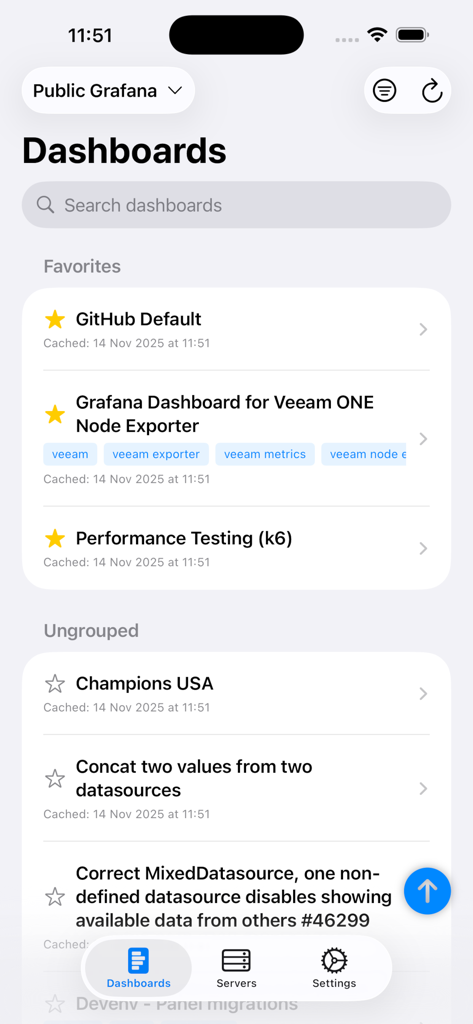 GrafanaUI - GrafanaUI mobile app interface showing a list of favorite and ungrouped monitoring dashboards on an iPhone