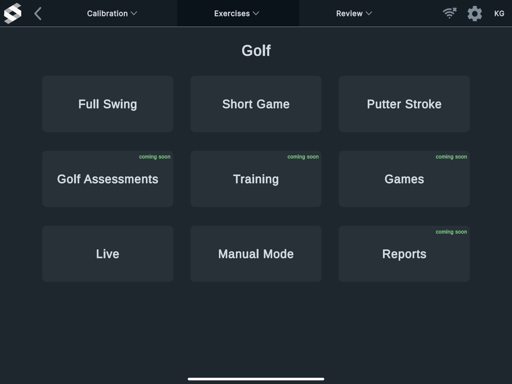 Main menu of the SensorEdge App showing different golf exercise categories including Full Swing, Short Game, and Putter Stroke.