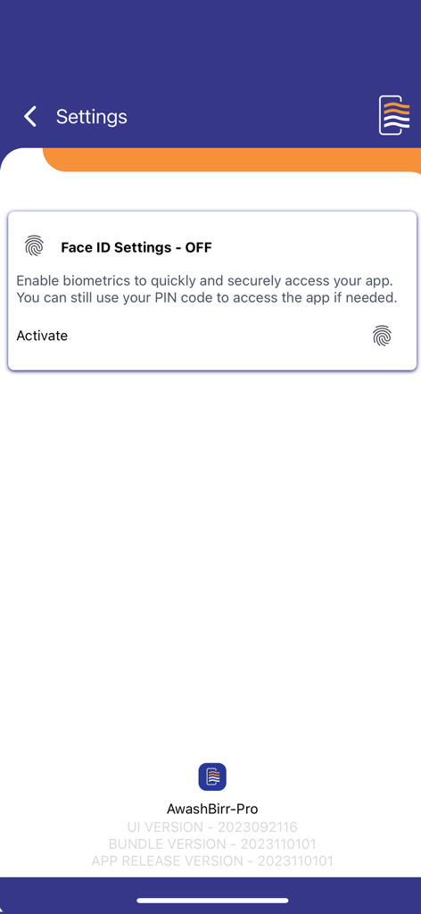 AwashBIRR Pro - AwashBIRR Pro app settings page showing options to enable Face ID and biometric security.