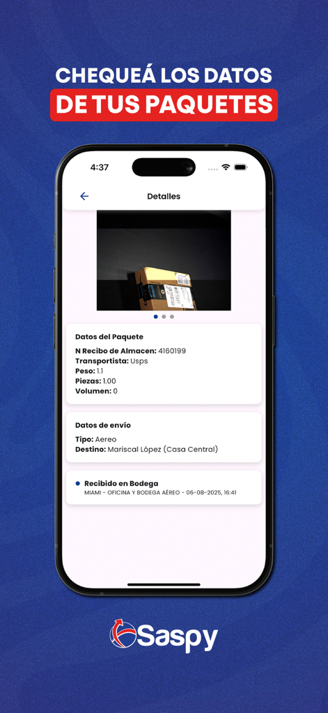 Saspy Express mobile app displaying package tracking details and photo