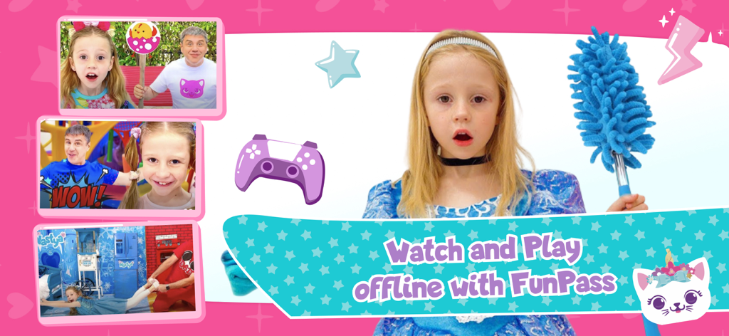 Like Nastya World - let's play - Like Nastya World app promotional banner featuring Nastya and offline play options with FunPass
