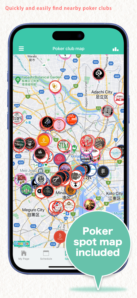 Interface of the Poker Fans app showing a map with markers for nearby poker clubs.