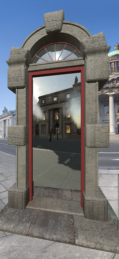 Dublin Discovery Trails - A 3D augmented reality portal showing a historical burning building in Dublin