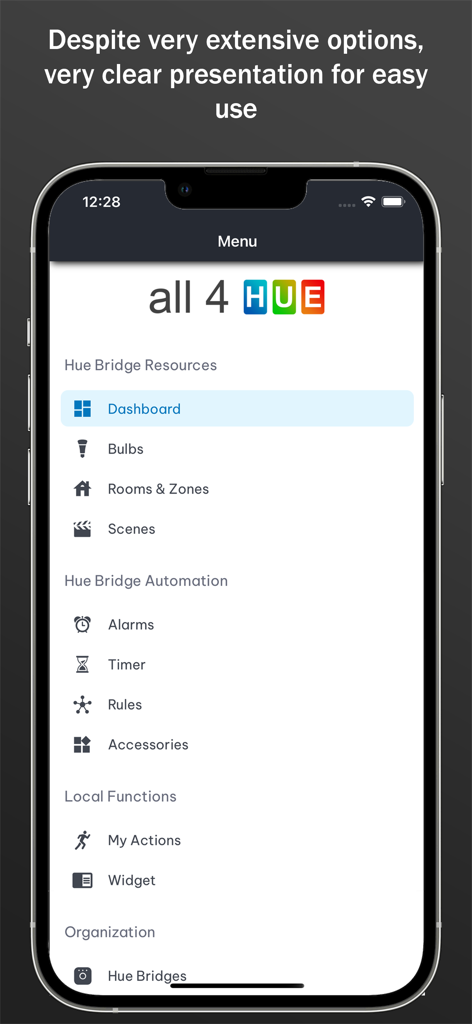 리소스 및 브릿지 설정을 보여주는 Philips Hue 자동화용 all 4 hue 앱의 메인 메뉴 인터페이스