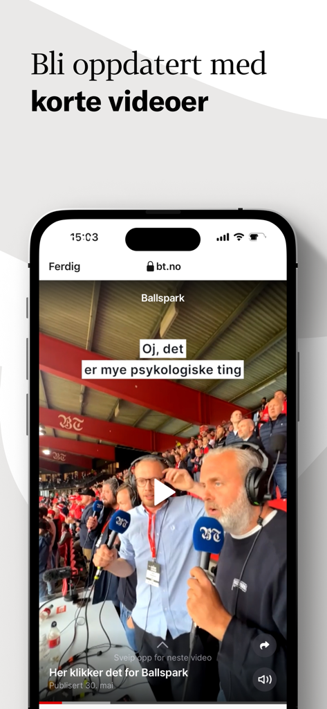 Bergens Tidende - Bergens Tidende app interface showing a short news video from the Ballspark sports segment.