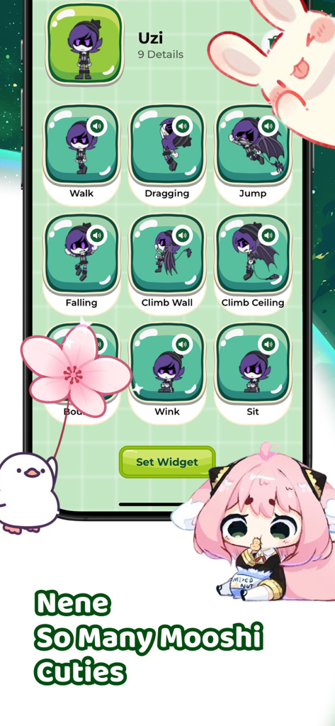 Un écran de l'application Mooshi affichant diverses animations pour le personnage Uzi, y compris la marche, le saut et l'escalade.