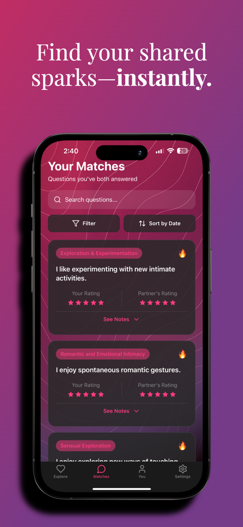 Xplore Couple Intimacy Match - Xplore app screen showing shared intimacy matches and 5 star ratings between partners