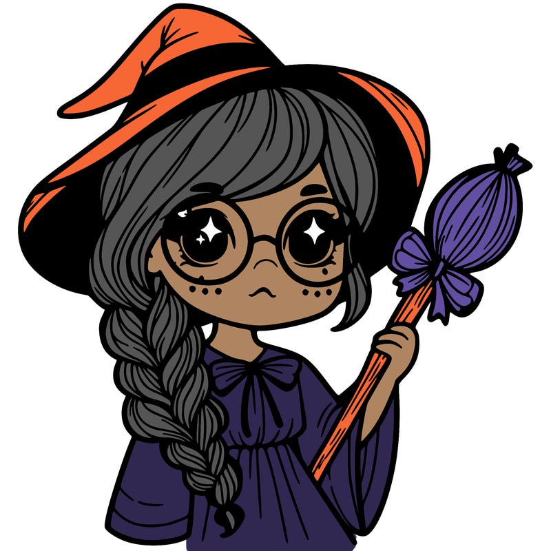a witch with a braid and two glasses