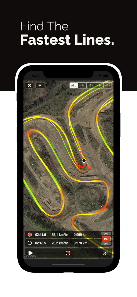 MX Buddy - MX Buddy app screenshot showing motocross track analysis with lap line comparisons and speed metrics.