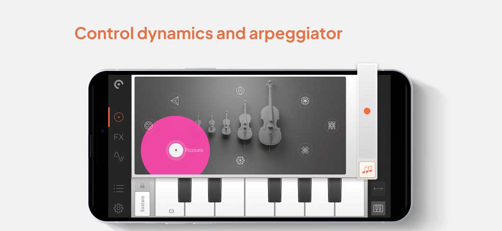 Pure Strings app interface showing dynamics and arpeggiator controls