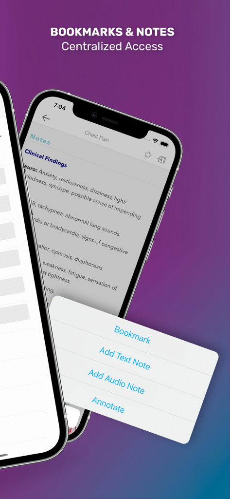 MedSurg Notes: Nurse Pkt Guide - La interfaz de la aplicación MedSurg Notes muestra opciones para marcar hallazgos clínicos y agregar notas de texto o audio.