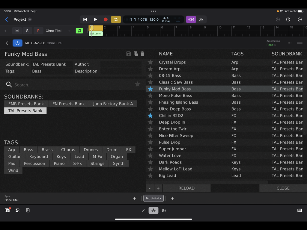 The preset browser interface of the TAL-U-NO-LX app showing soundbanks tags and a list of synth sounds