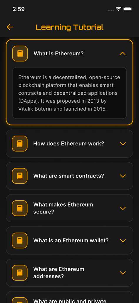 ETH mining - ethereum miner - Lehr-Tutorial-Bildschirm, der Blockchain- und Ethereum-Konzepte erklärt