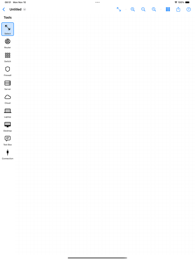 NetSketch - NetSketch iPadアプリの空白のネットワーク図キャンバスとツールサイドバー