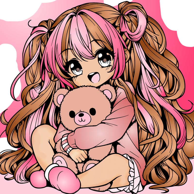 manga girl, long curly hair, happy, cuddling a teddy bear