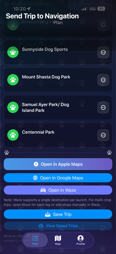 PetStop: Dog Road Trip Planner - PetStop app screen showing a dog friendly road trip itinerary with options to open in Apple Maps Google Maps or Waze