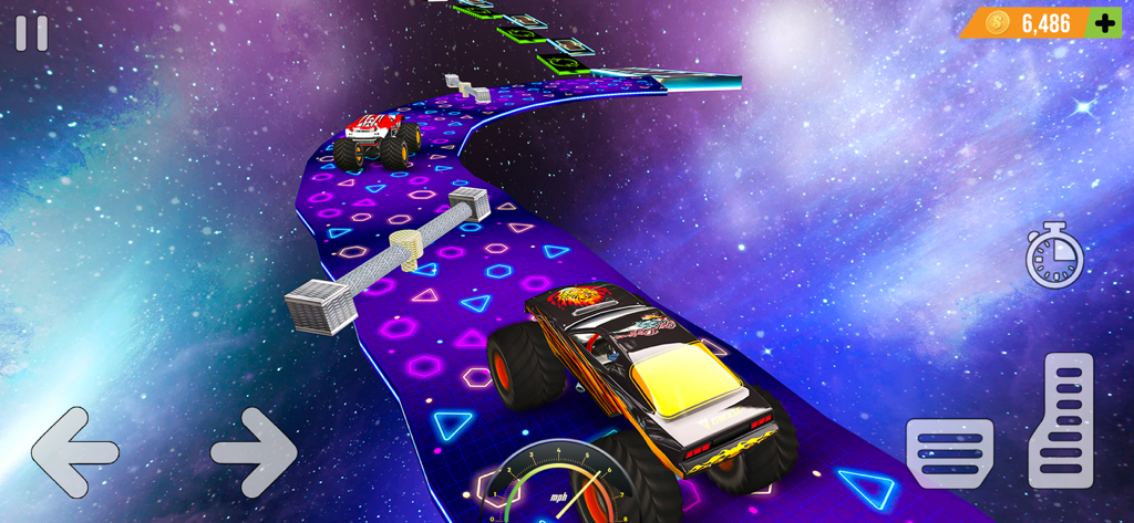 Monster truck driving on a neon track in a galaxy setting with mobile game controls