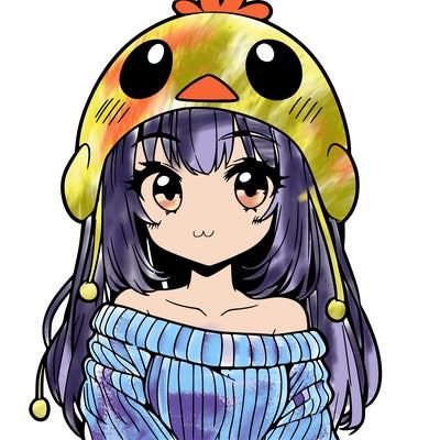 anime girl with chick shaped hat with sweater with bare shoulders with bangs covering them one eye with low tail