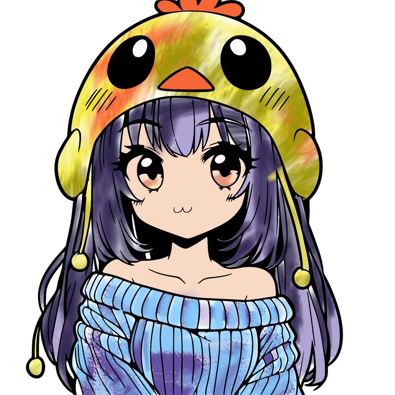 anime girl with chick shaped hat with sweater with bare shoulders with bangs covering them one eye with low tail