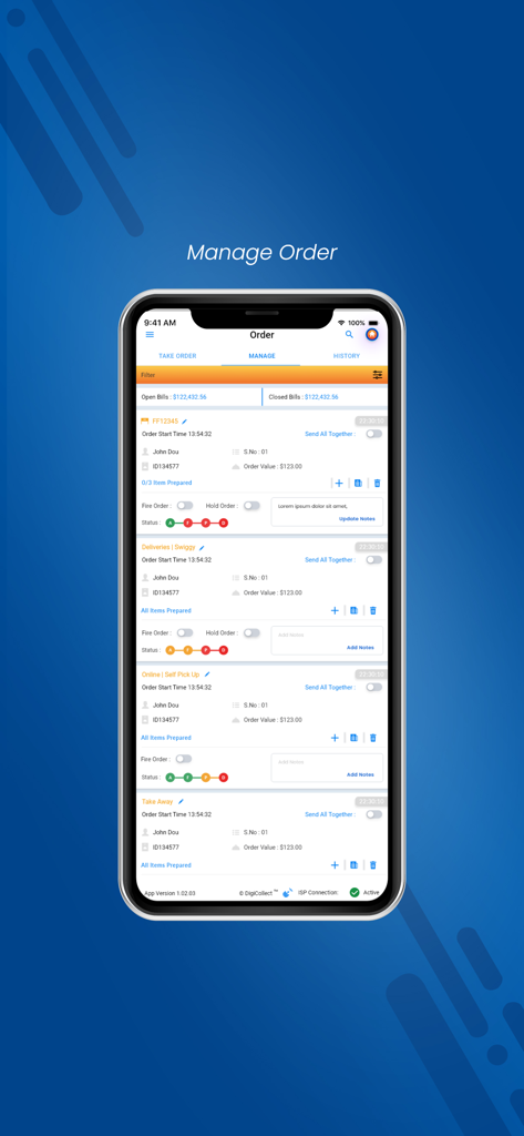 DigiPOS - Der Bildschirm 'Bestellung verwalten' der DigiPOS-App, der verschiedene aktive Kundenbestellungen anzeigt