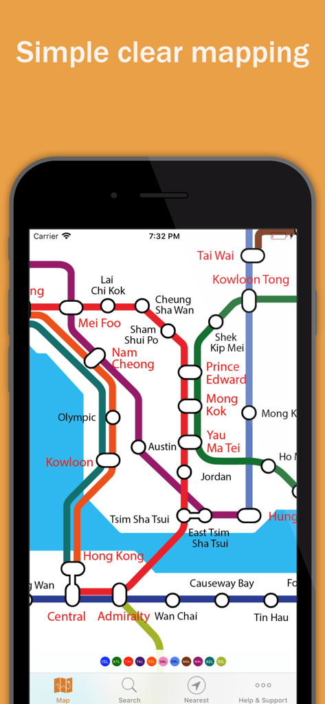 Explore Hong Kong - Simple and clear MTR subway map of Hong Kong on an iPhone screen