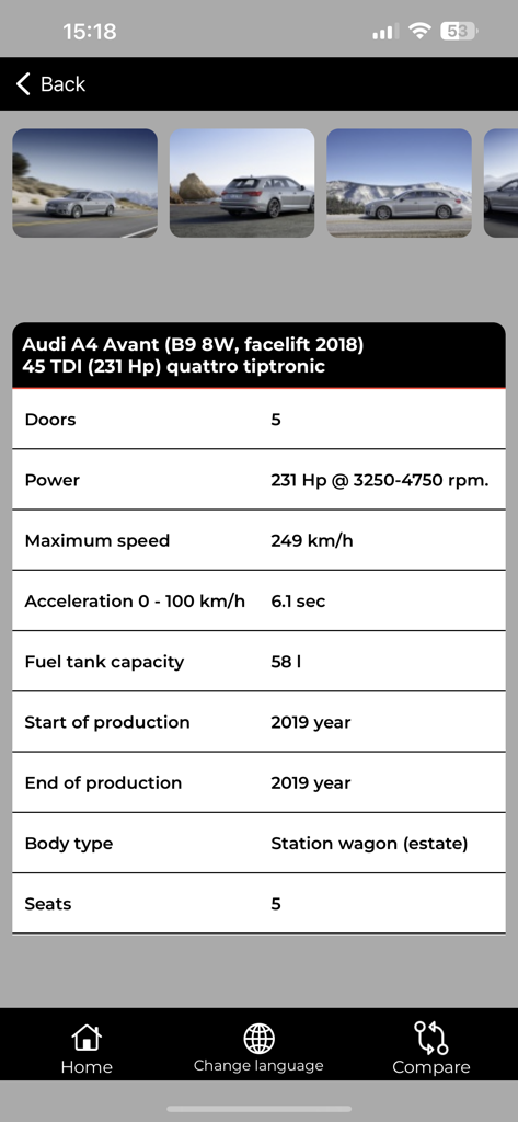 Tabelle mit technischen Daten für einen Audi A4 Avant in der Auto-Data App