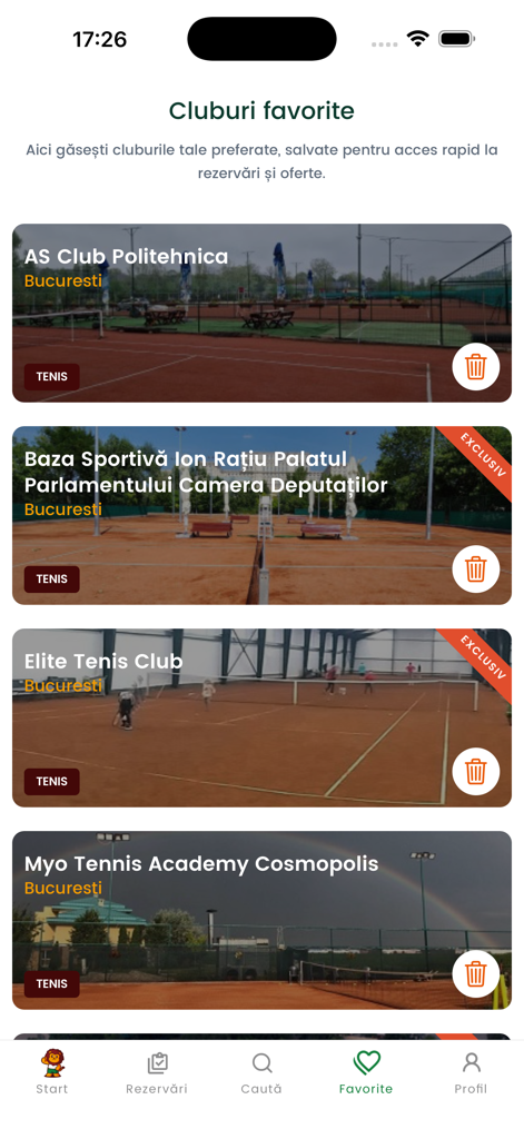 Booksport - Aplicativo móvel Booksport mostrando uma lista de clubes de tênis favoritos em Bucareste para reserva rápida