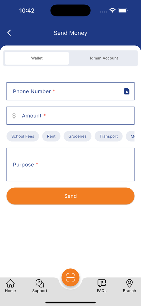 Idman Wallet - Interface de l'application Idman Wallet pour envoyer de l'argent avec des options pour les frais de scolarité, le loyer et les courses.