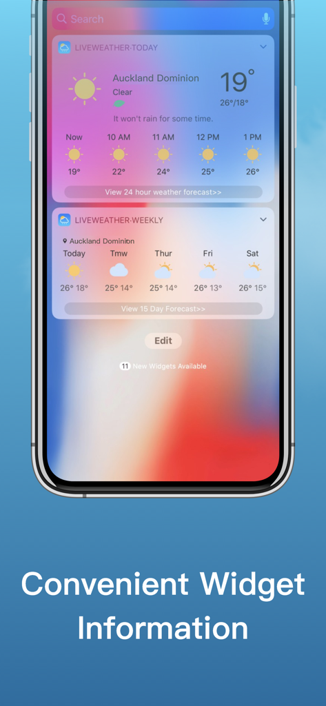 Weather- NOAA Weather Radar - Pantalla de iPhone mostrando widgets meteorológicos diarios y semanales para la aplicación NOAA Weather Radar