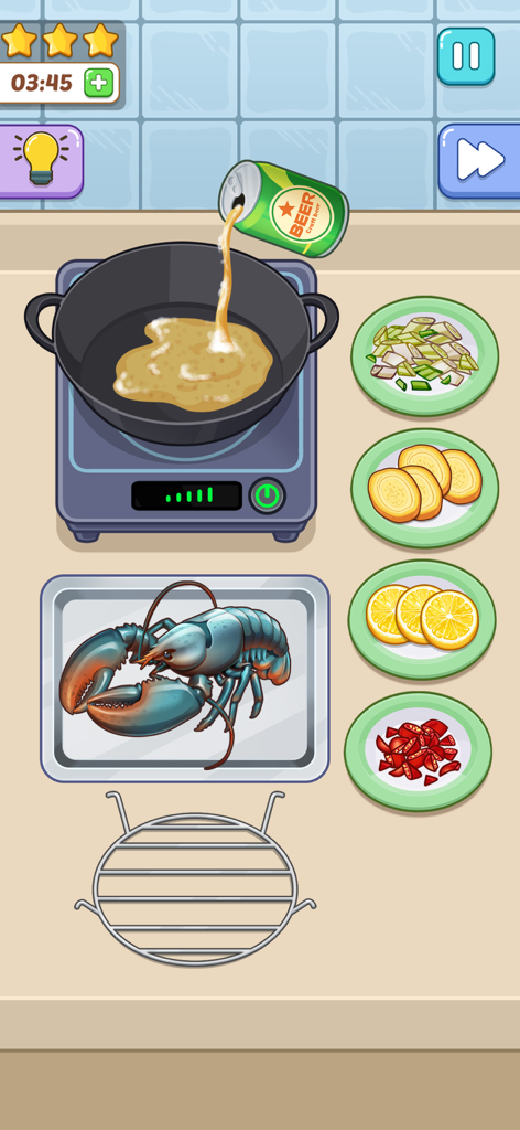 Cooking Paradise: DIY Food - A blue lobster and beer being poured into a pan in the Cooking Paradise game