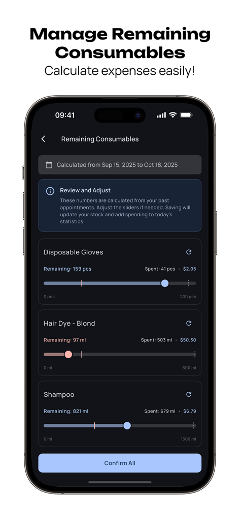 Bookora Calendar - Interfaz de la aplicación Bookora Calendar para rastrear consumibles restantes y gastos del negocio
