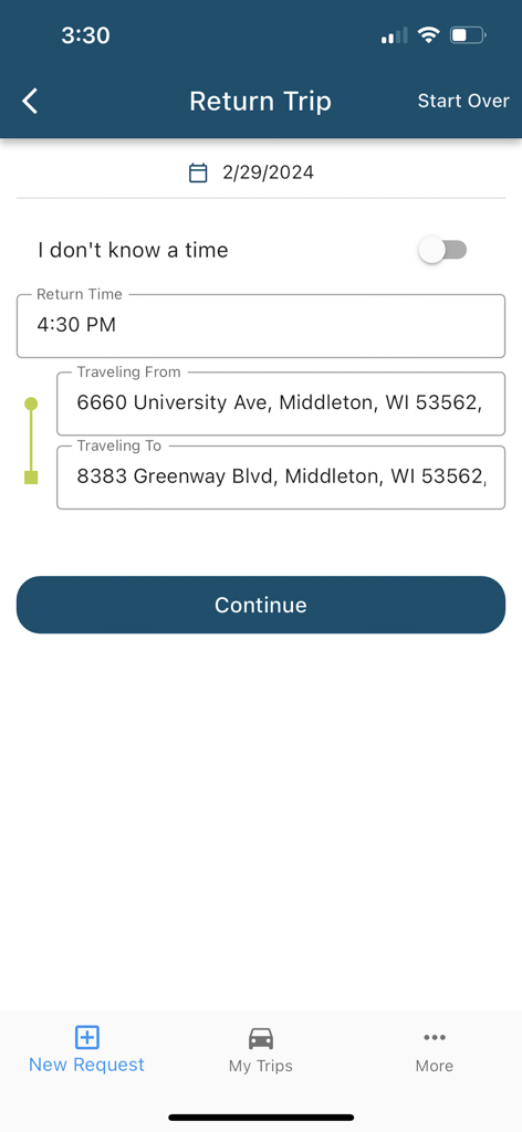 MTM Link Member - Scheduling a return medical transport ride on the MTM Link Member app.