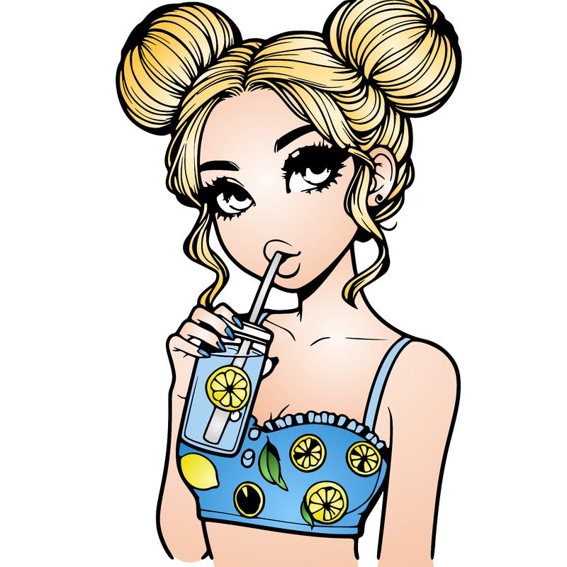 realistic girl with buns and lemon themed makeup drinking lemonade eith a crop top